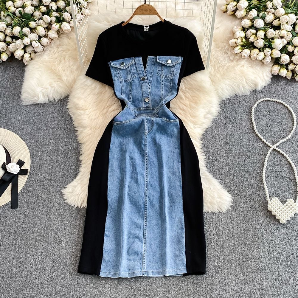 Women Short Sleeve Round Neck Denim Patchwork Casual dress 4