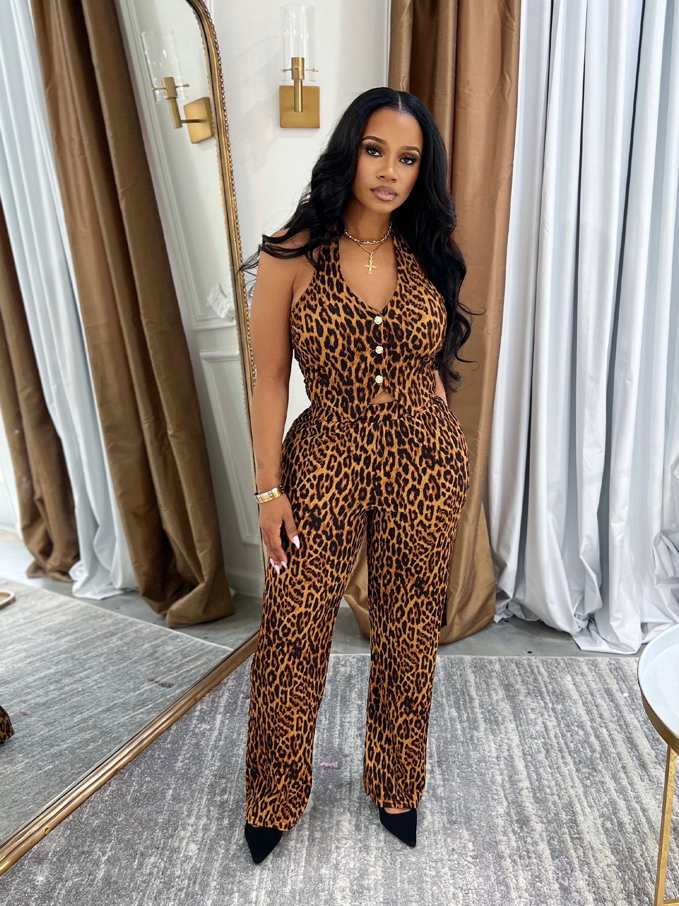 Fashion Leopard Print Sexy Sleeveless Two Piece Loose Pants Set