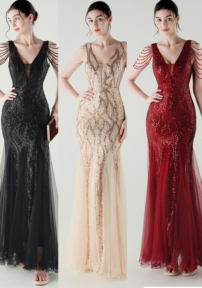 Spring Summer Low Back Sequined Mesh Slim Fishtail Party Evening Dress