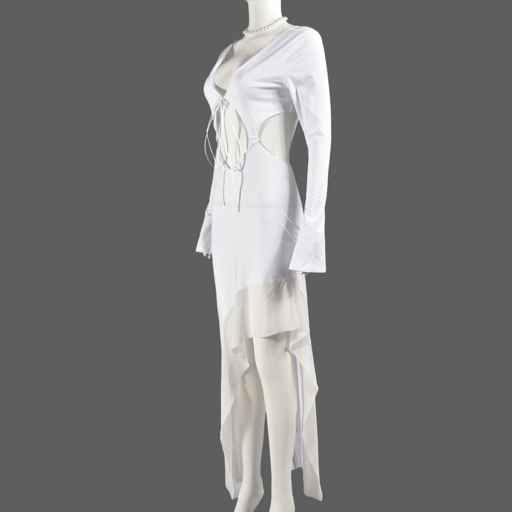 Summer Sexy Women's Clothing Long Sleeve V-Neck Lace-Up Long Dress 8