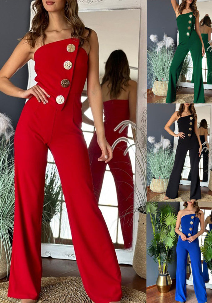 Summer Sexy Solid Color Strapless Button Flared Jumpsuit For Women