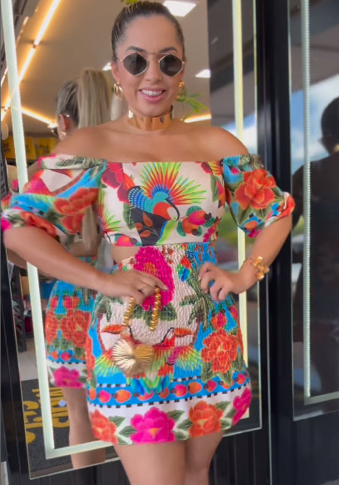 Women Printed Backless Balloon Sleeve Off Shoulder Two-Wear Dress 7