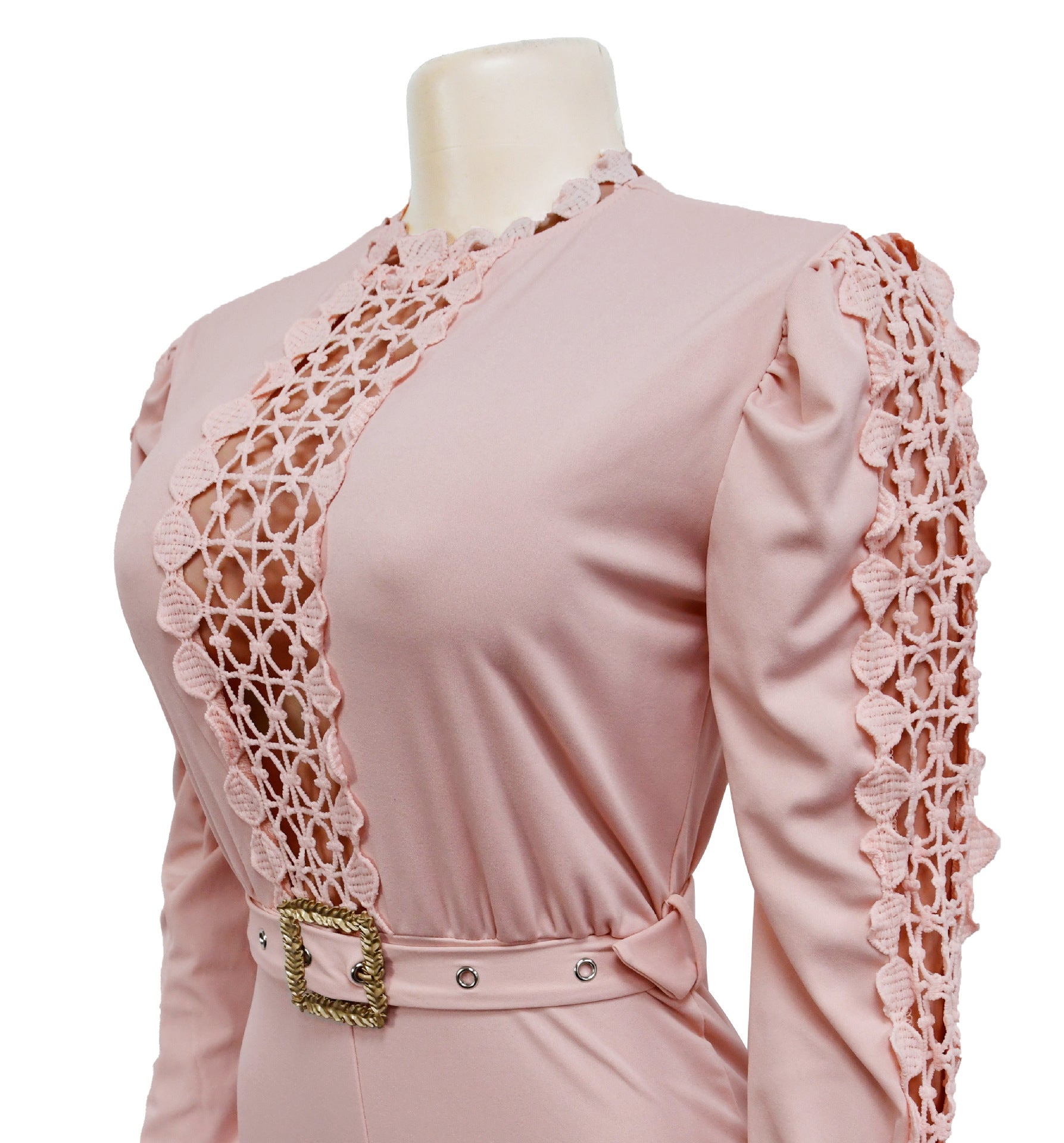 Women Belt Lace Cutout Solid Long Sleeve Jumpsuit 22
