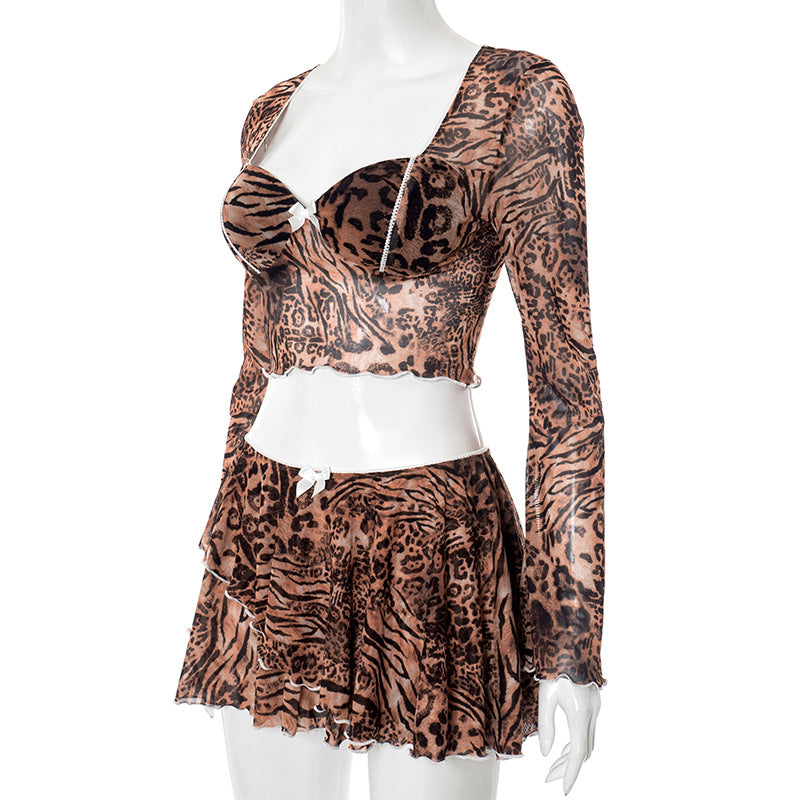 Women Sexy Leopard Bow Bell Bottom Ruffle Edge Long Sleeve Top and Pleated Skit Two-piece Set 5