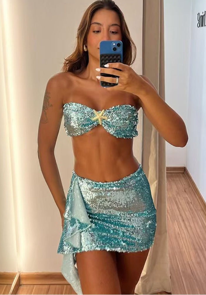 Blue Strapless sexy Holidays sequins slim skirt set