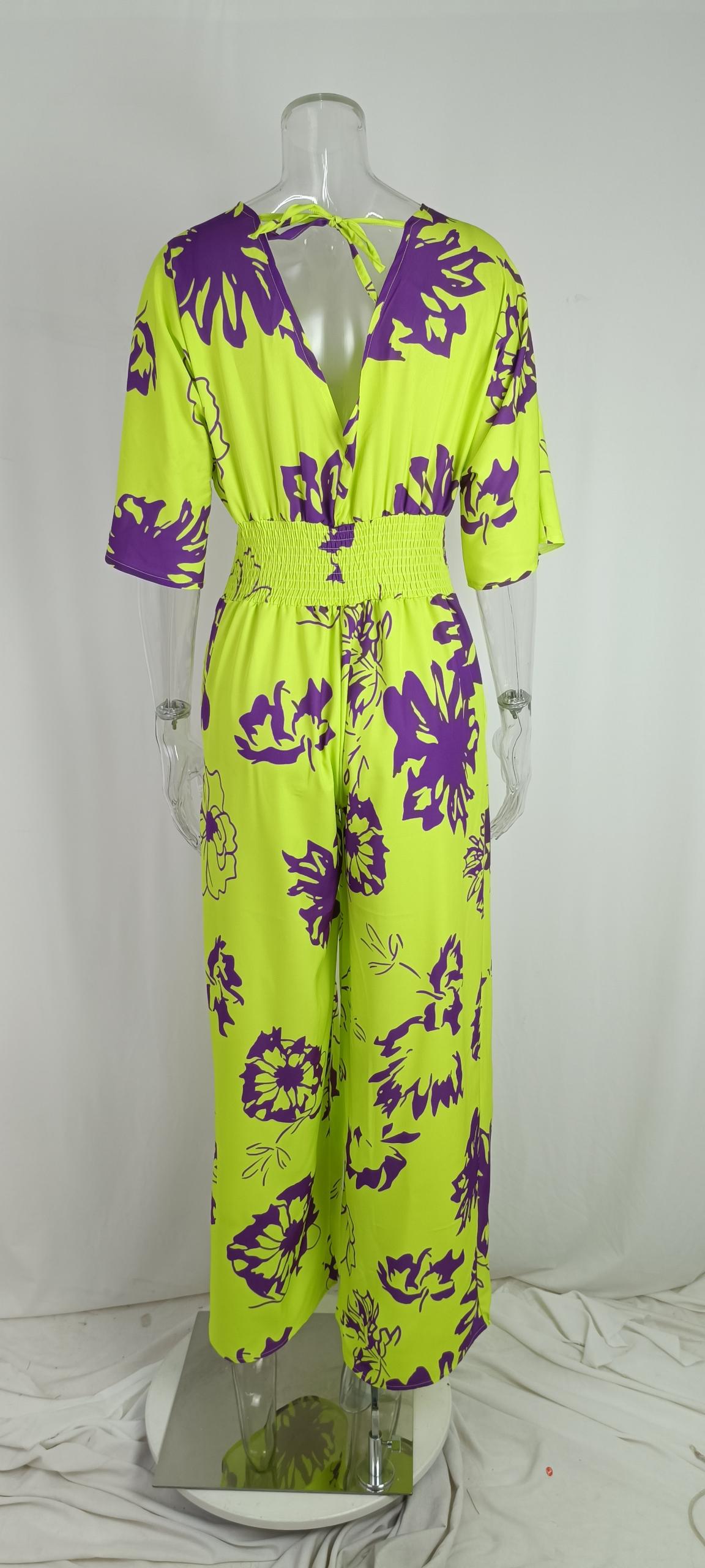 Summer Women's Fashionable And Elegant Print Bat Sleeves Slim Waist V-Neck Jumpsuit 12