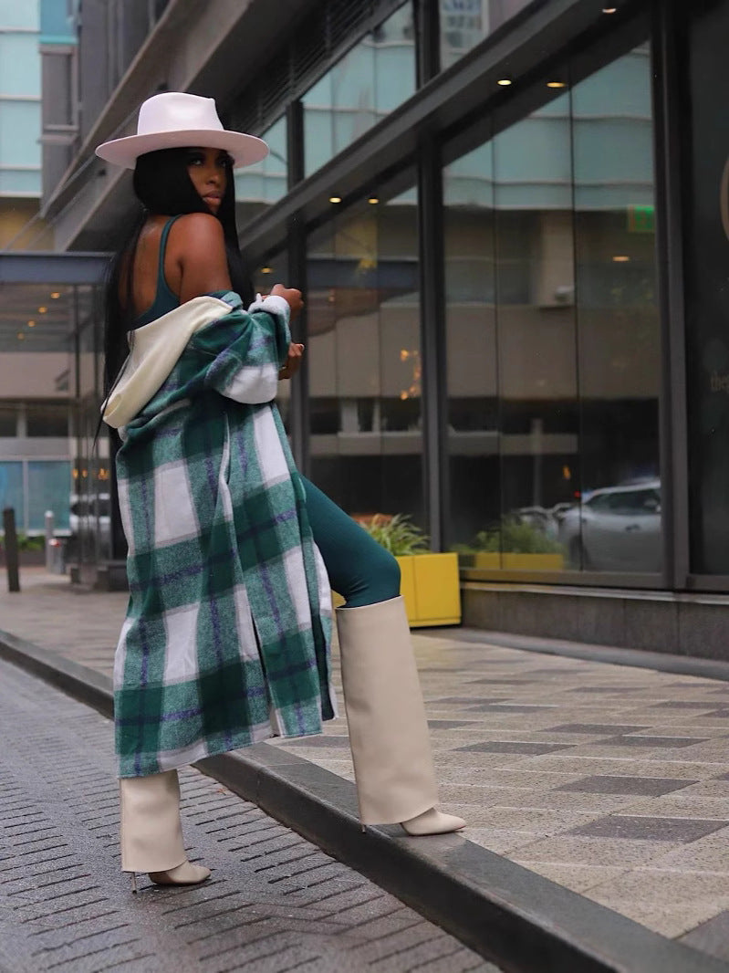 Women Casual Plaid Button Jacket with Hood