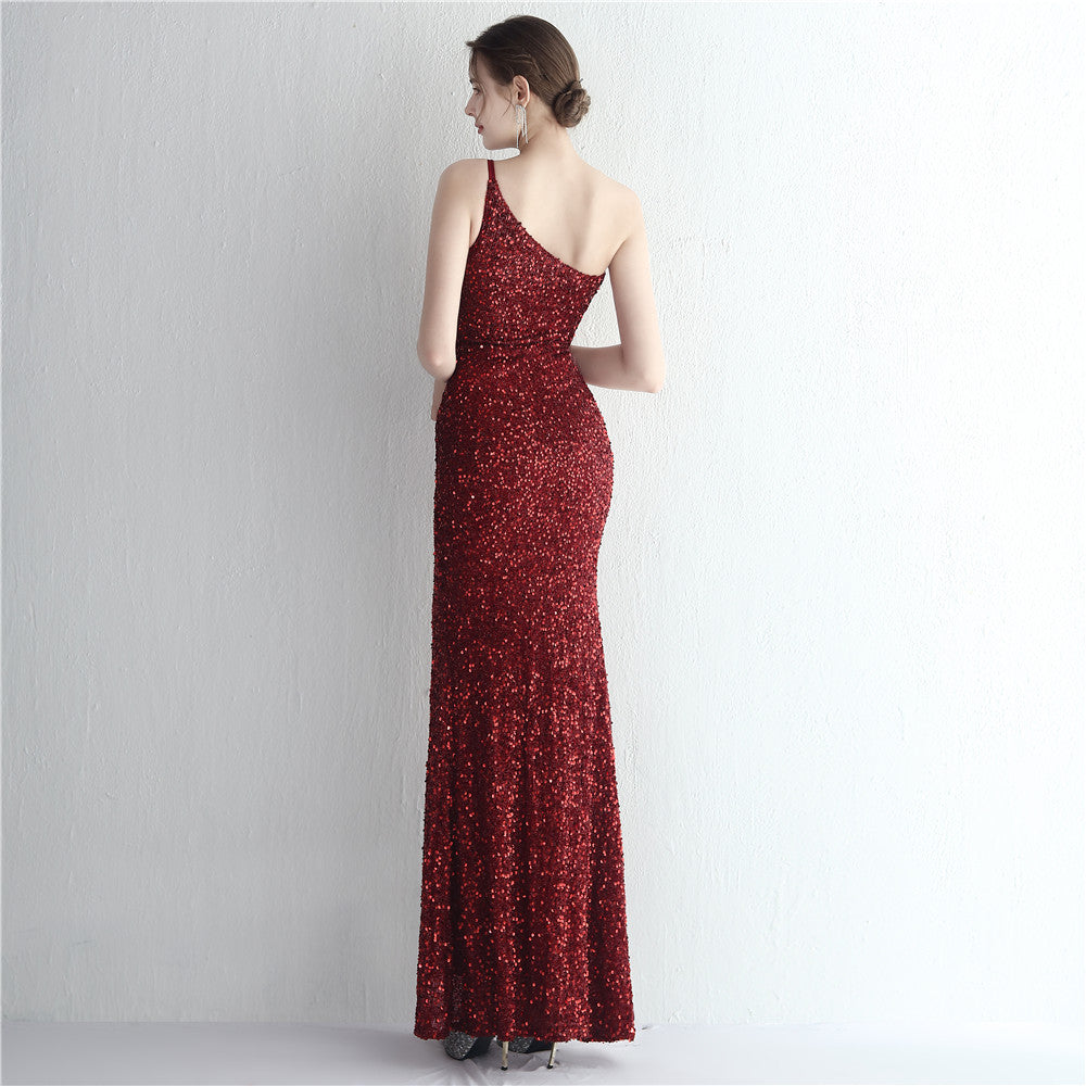 Women Sequined One Shoulder Strap Formal Party Slit Mermaid Evening Dress 20