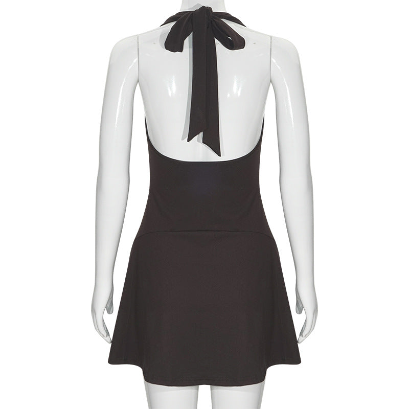 Summer Solid Color Sleeveless V-Neck Halter Neck Lace Short Slim Dress 5