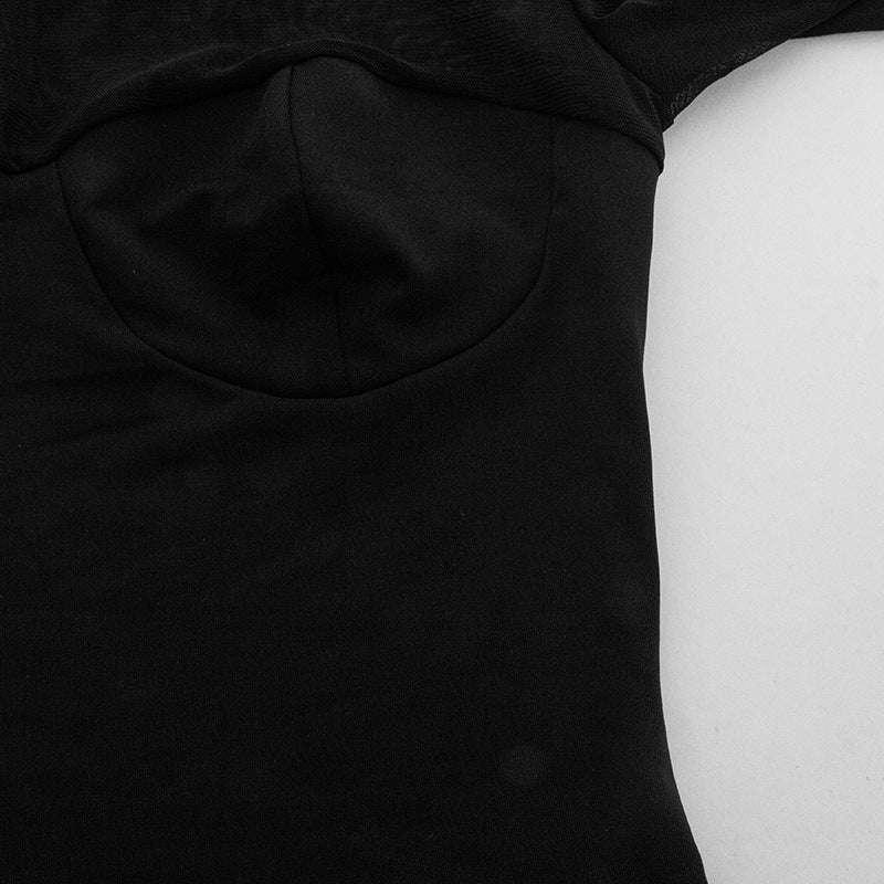 Solid Color Long-Sleeved Sexy Mesh Patchwork Feather Bodycon Short Slim Dress 12