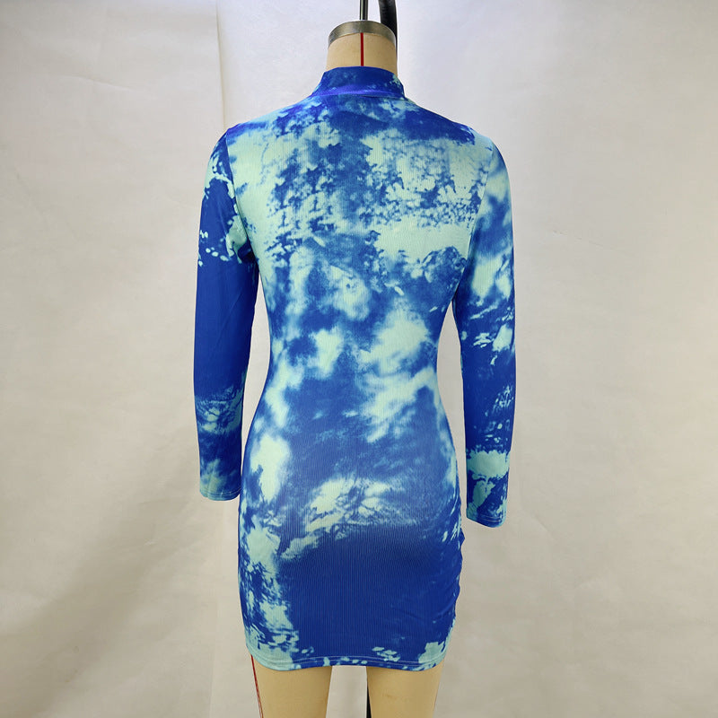 Women Spring Summer Print Stand Collar Long Sleeve Bodycon Dress 10