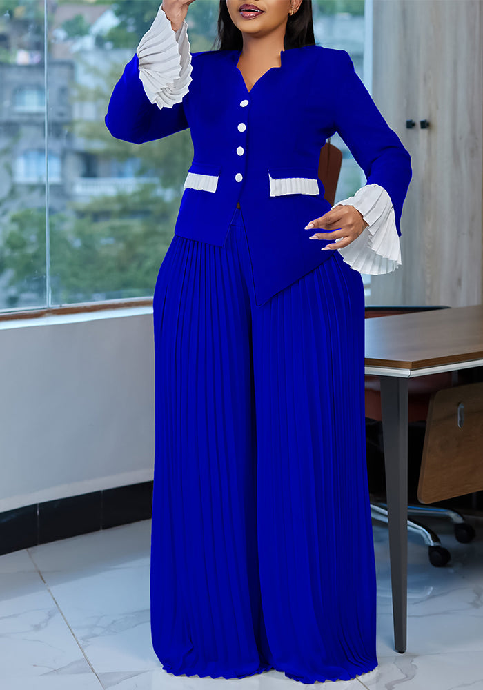 Plus Size Summer Fashion Bell Sleeve Top Pleated Wide-Leg Pants Two-Piece Set