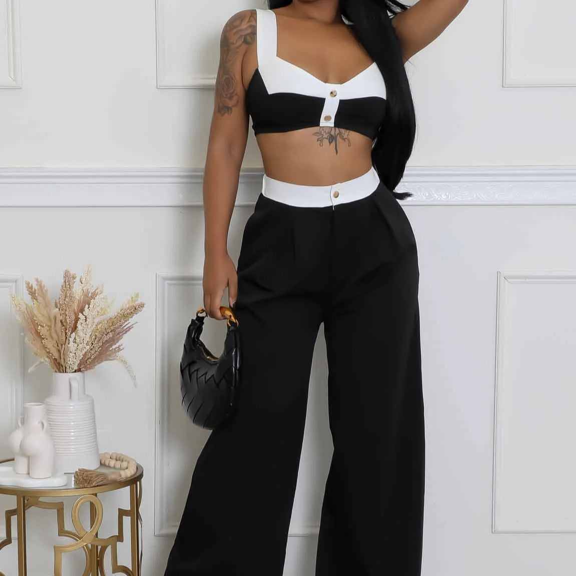 Women's Sleeveless Color-Block High-Waisted Wide-Leg Pants Set 6