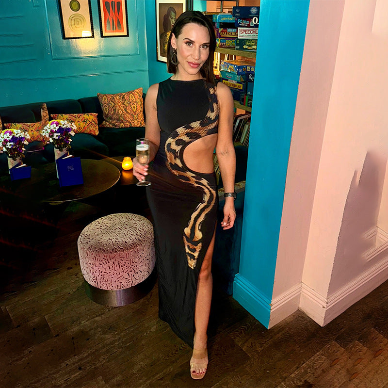 Summer Round Neck Sleeveless Snake Print Hollow Split Long Dress 4