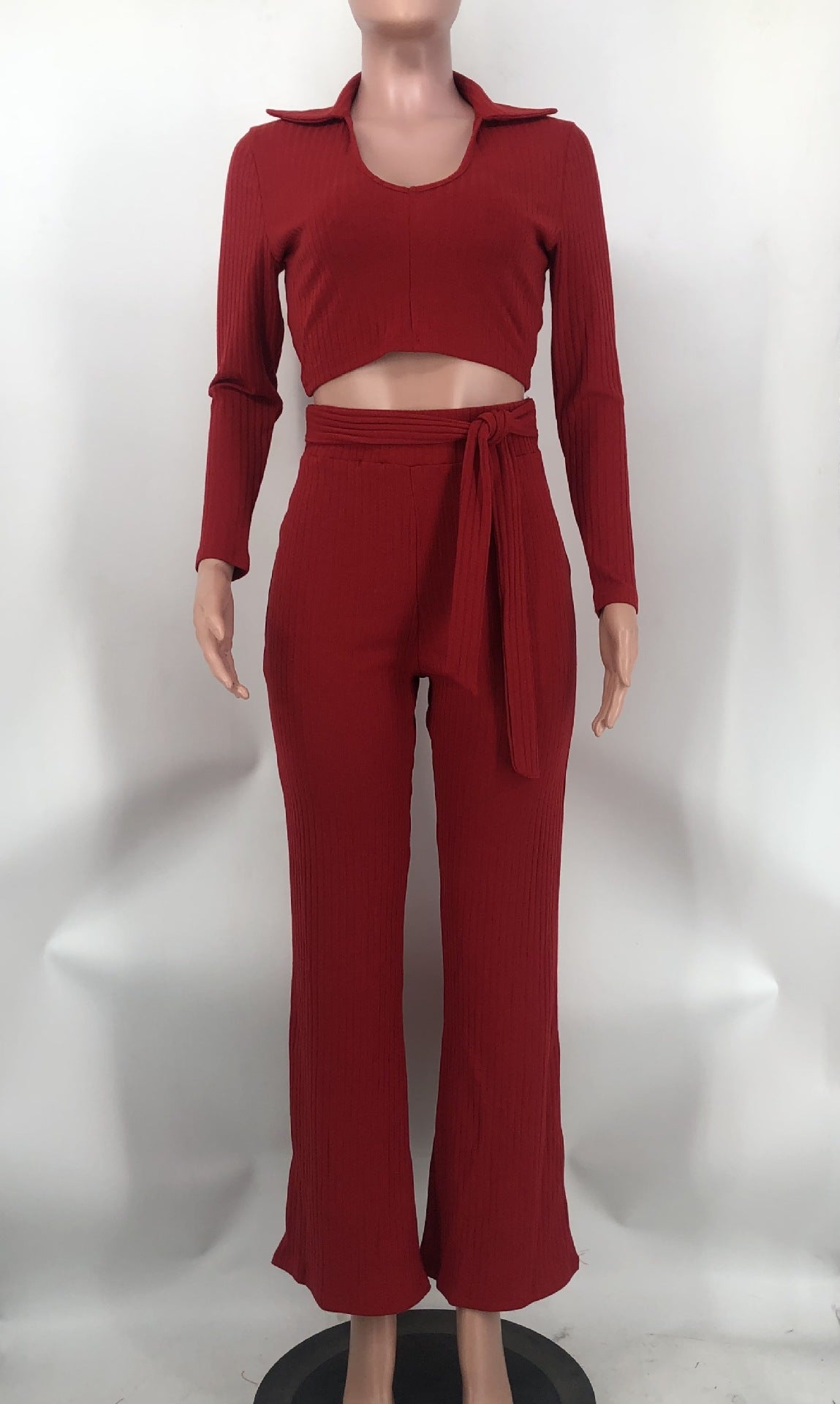 Women Solid V neck Top and Bell Bottom Pant two-piece set 12