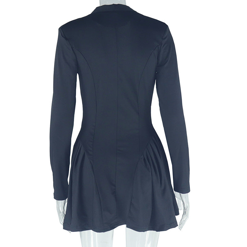 Women Sexy Solid V Neck Long Sleeve Pleated Skirt 11