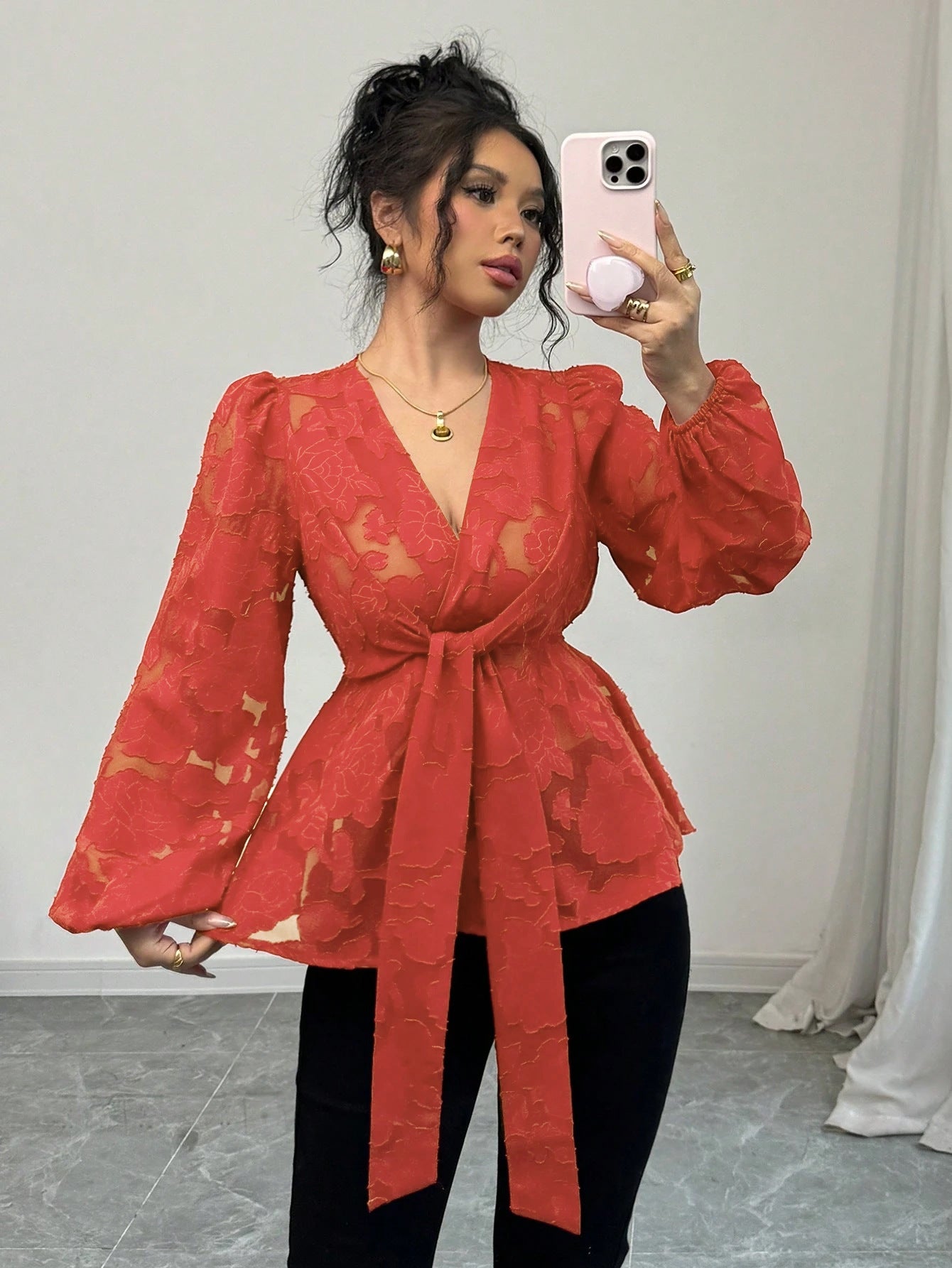 Women's Fashion Spring Autumn Sexy Sheer Long Sleeve V-Neck Blouse 7