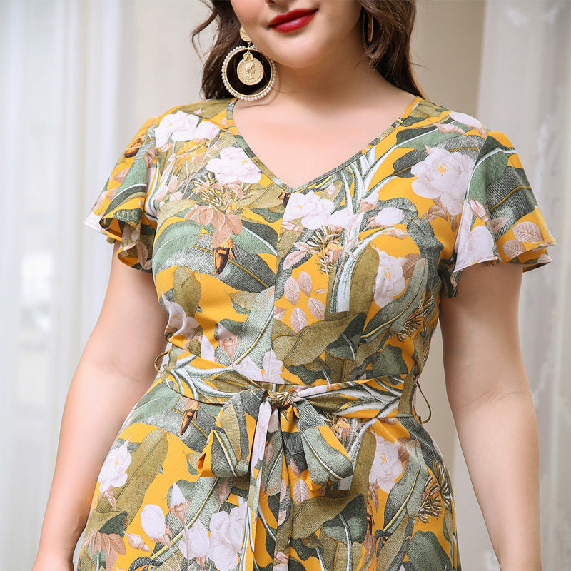 Plus Women Round Neck Single-breasted Printed Shirt Dress 6