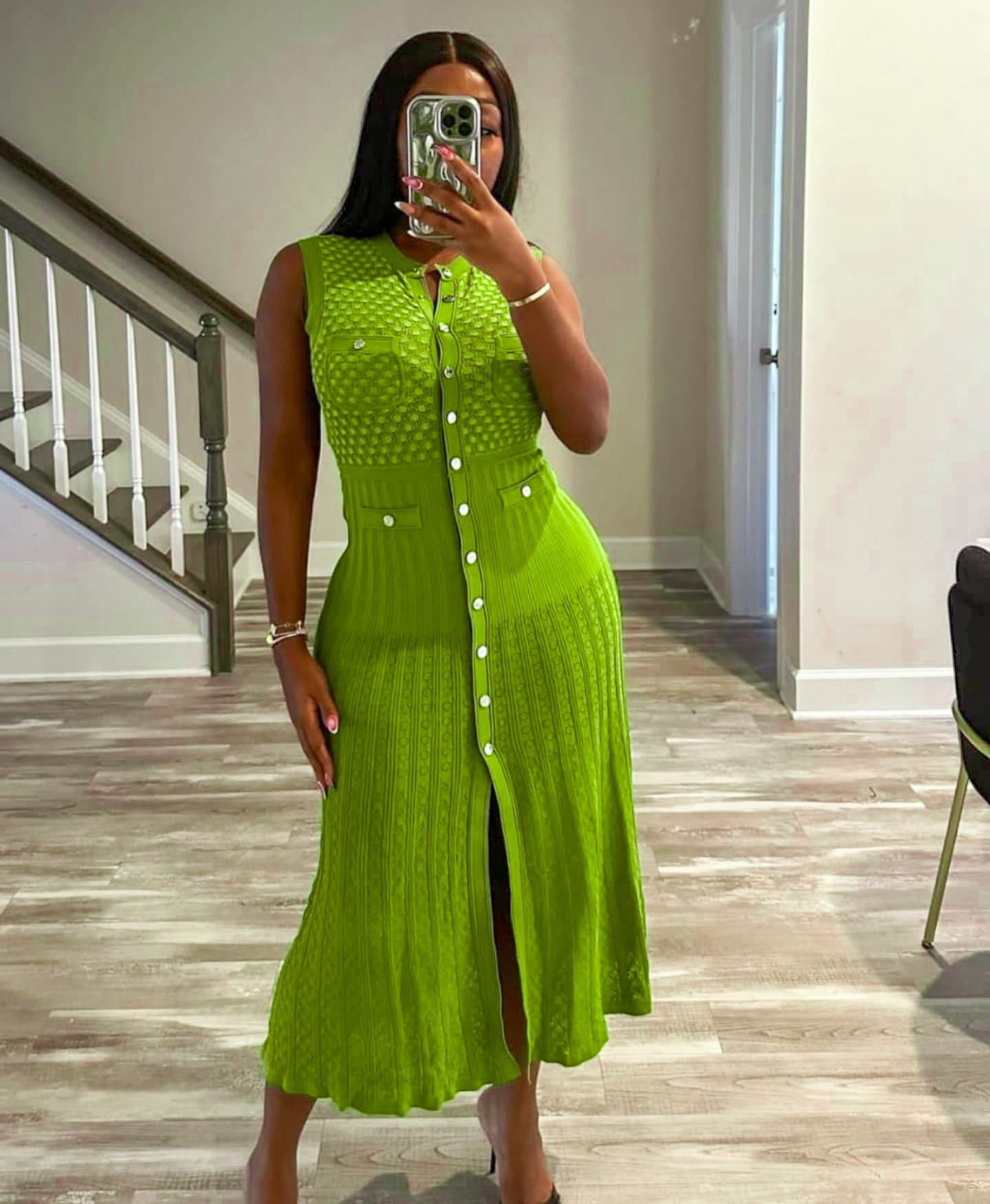 Women Retro V-Neck Sleeveless Hollow Knitting Dress 4