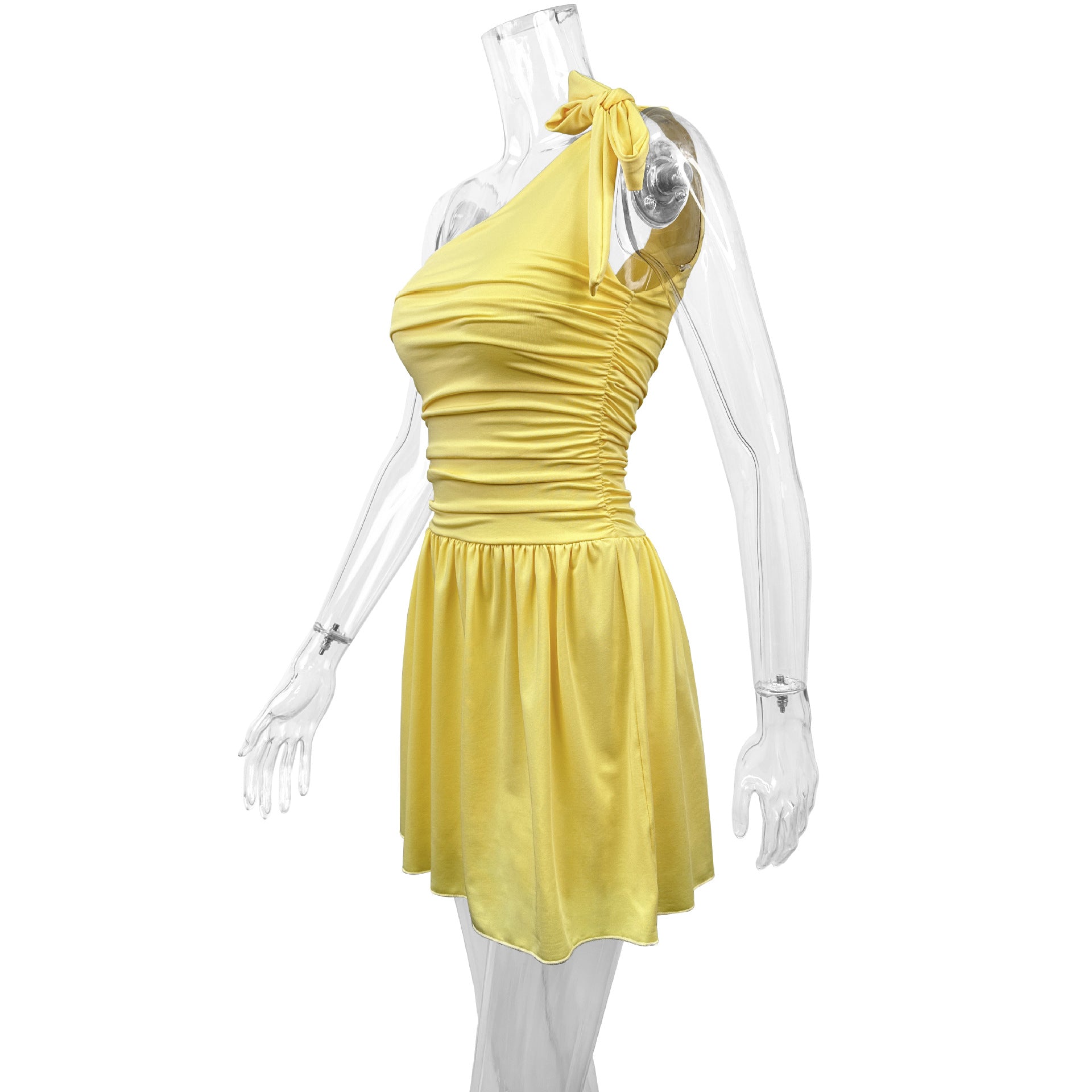 Summer One-Shoulder Sexy Solid Color Slim Waist A-Line Dress 7