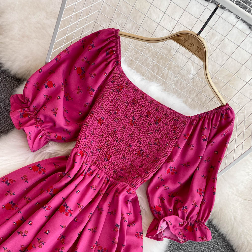 Women Summer French Square Neck Bubble Short Sleeve Slit Dress 26