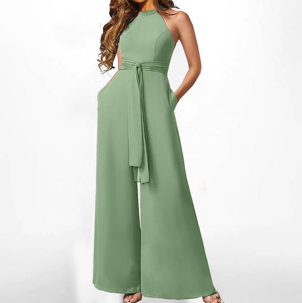 Women Solid Sleeveless Halter Neck Lace-up Casual Jumpsuit 3