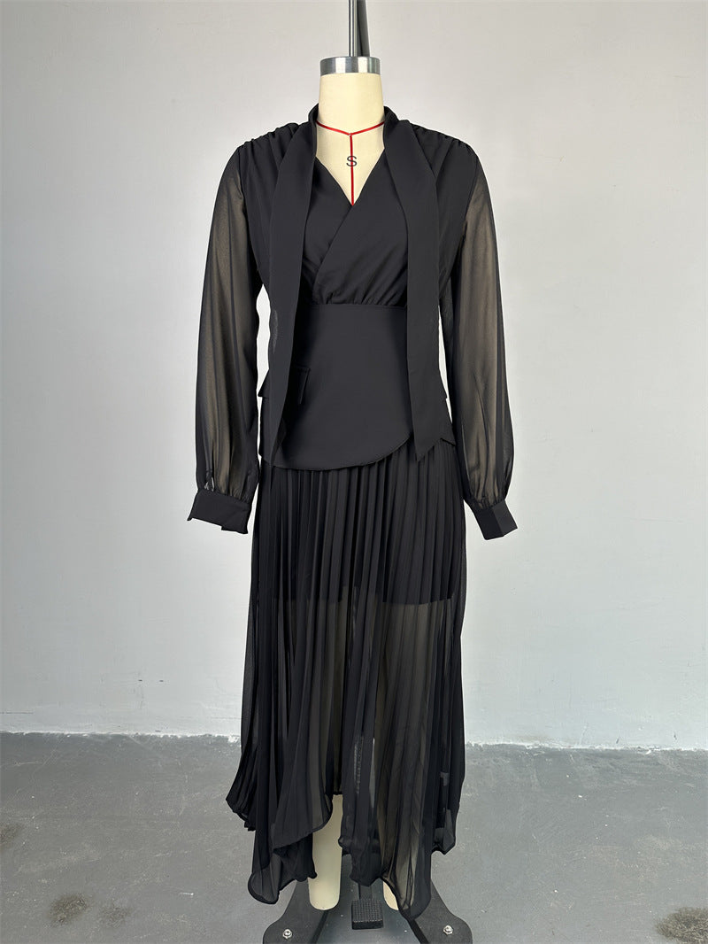 Women lace-up irregular pleated dress girdle two-piece set 13