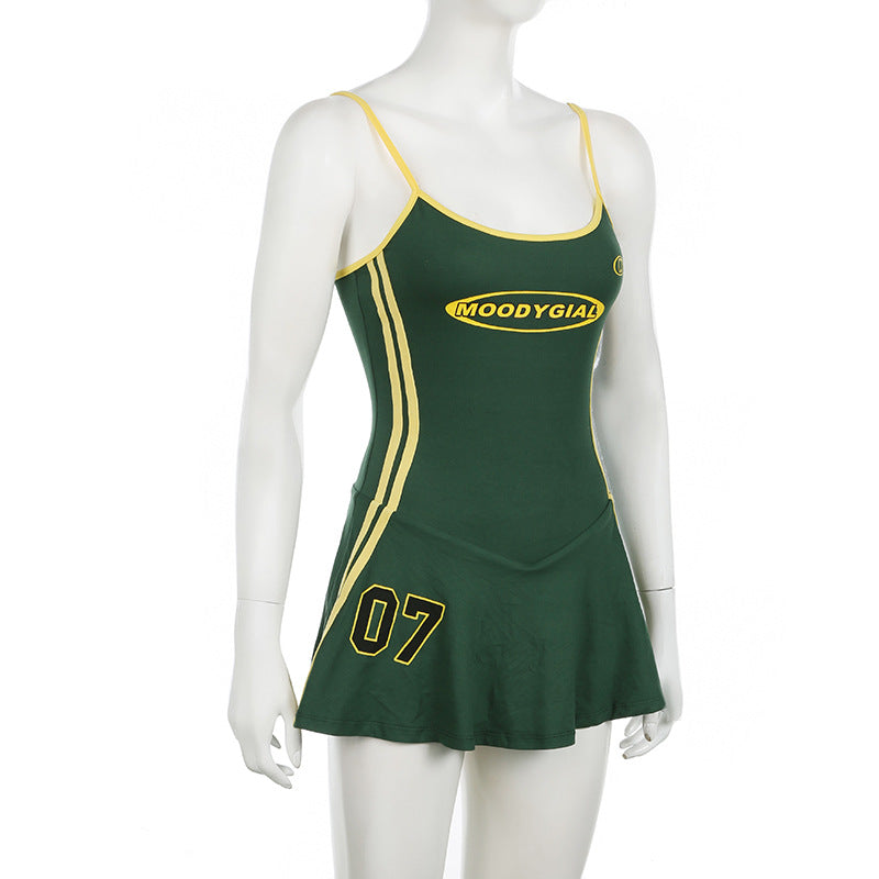 Women Summer American Sports Casual Digital Stripe Contrast Dress 10