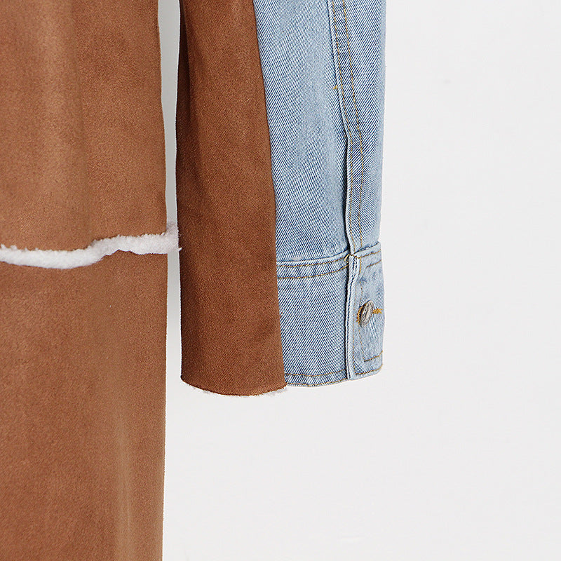 Women Autumn/Winter Turndown Collar Long Sleeve Lace-Fly Lamb Maxi Colorblock Denim Coat 28