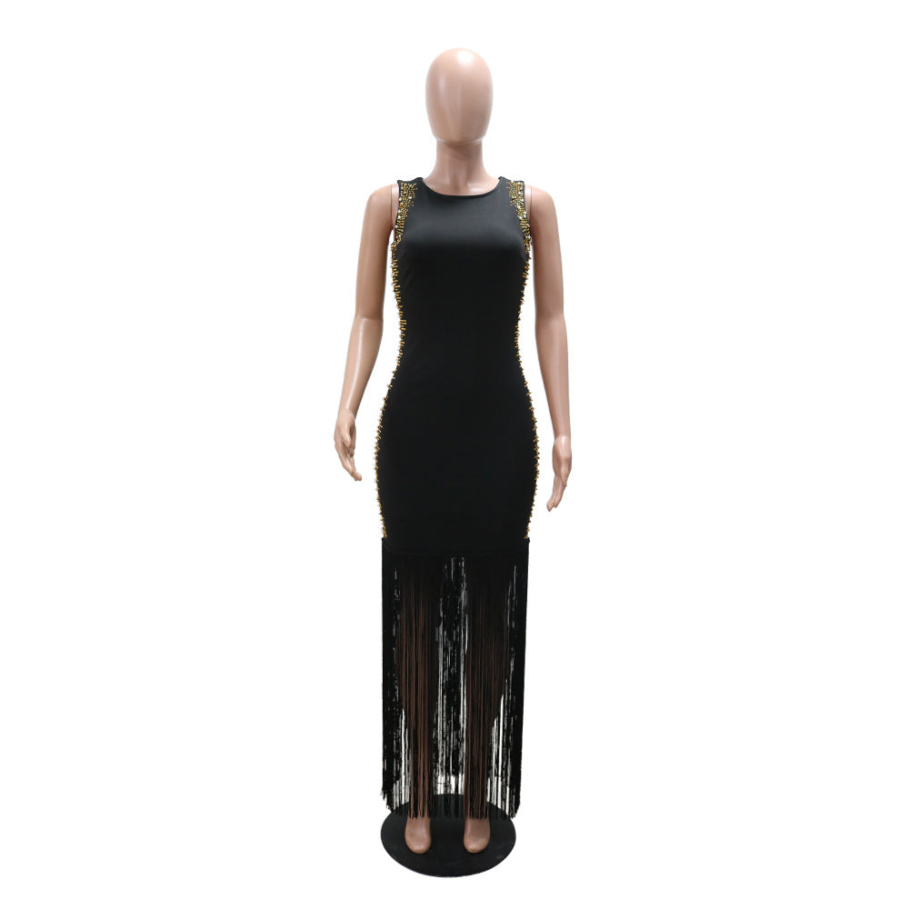 Beaded Round Neck Sleeveless Fringe Bodycon Long Party Dress Sexy Women's Clothing 8