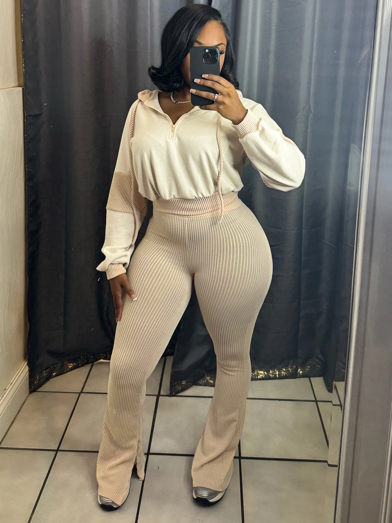 Twist Strip Hoodie Bell Bottom Pants Patchwork Two Piece Set 4