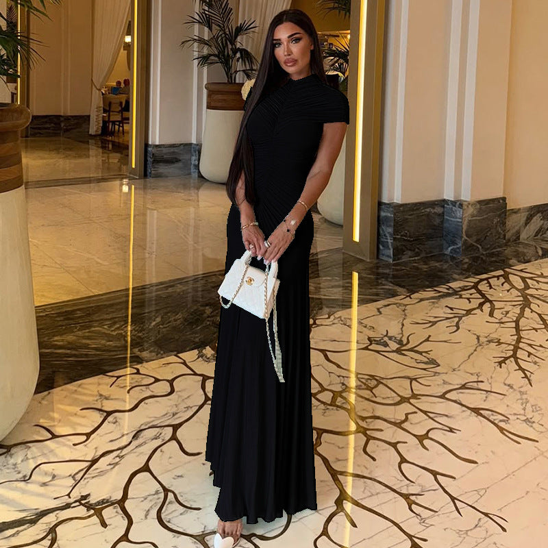 Elegant Women's Pleated Solid Color Bodycon Slim High Neck Short-Sleeve Long Dress 3