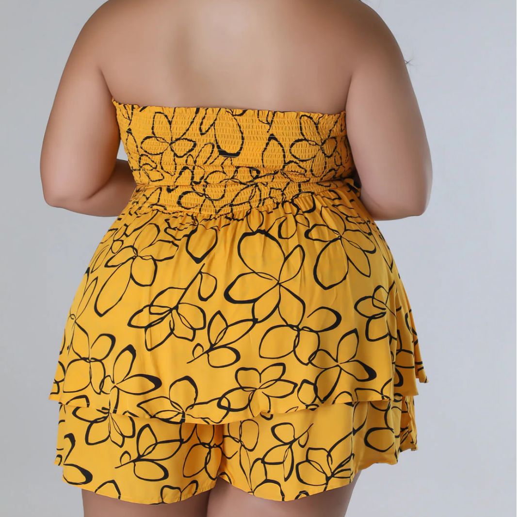 Summer Sexy Print Wrapped Chest Strapless Top Shorts Two-piece Plus Size Women's Set 5