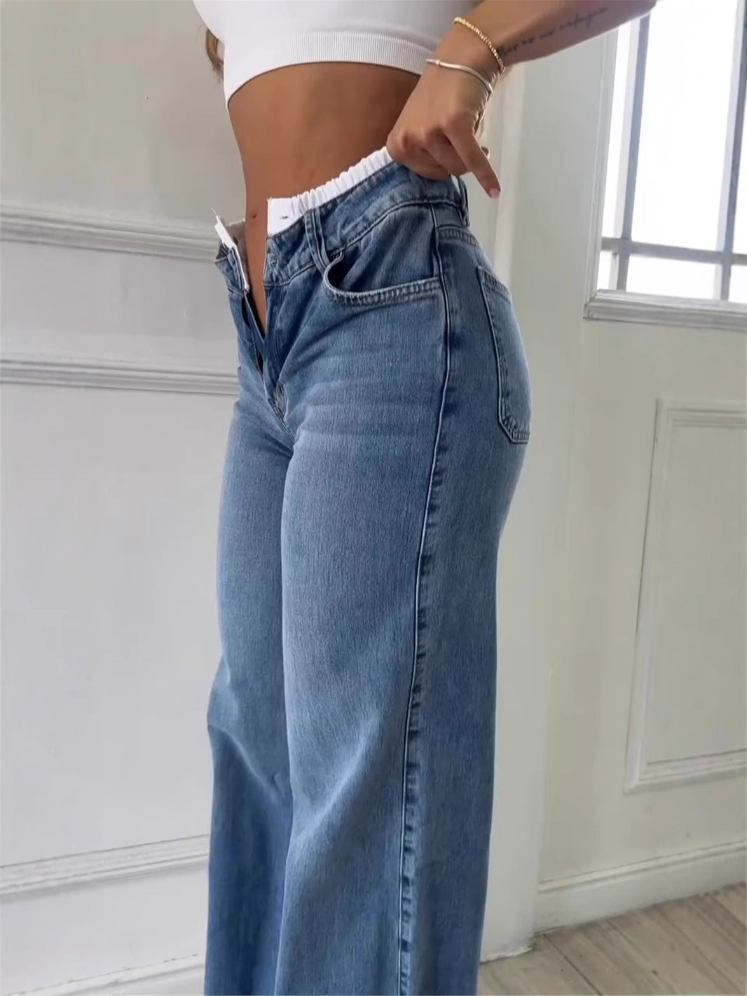 Women American Retro Non-elastic Contrast Color Wide Leg Denim Pants 5