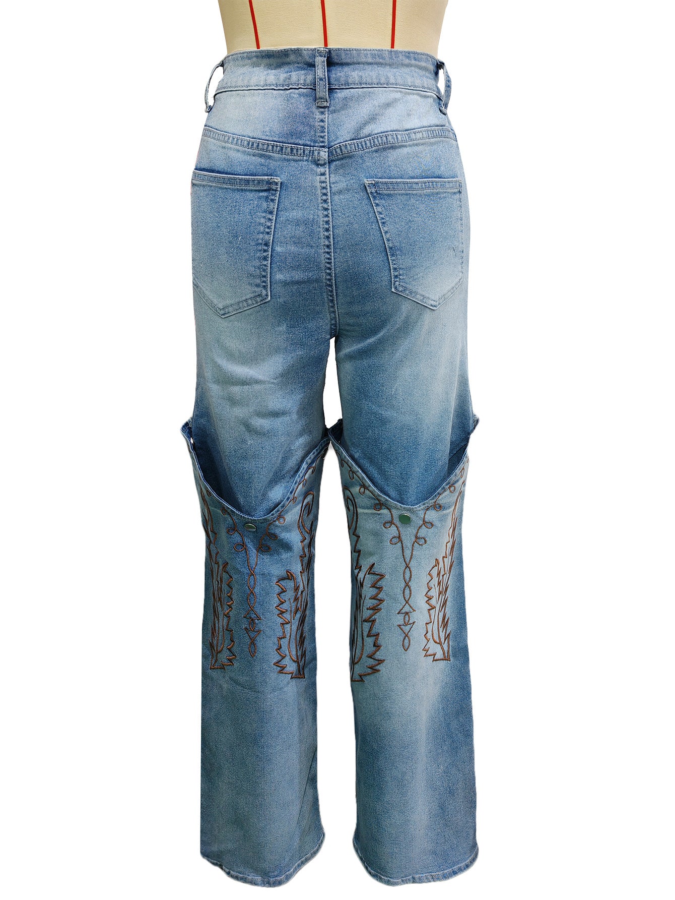 Women's Fashion Embroidered Blue High-Waisted Wide-Leg Denim Pants 8