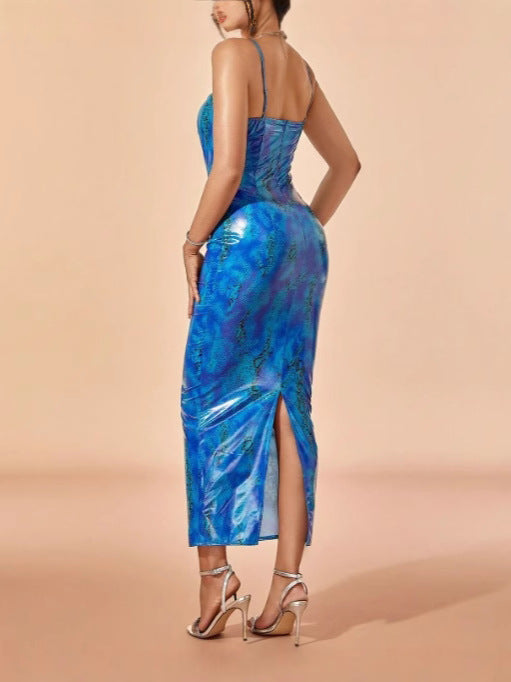 Women's Printed PU Strap Back Slit Fashion Sexy Long Dress 3