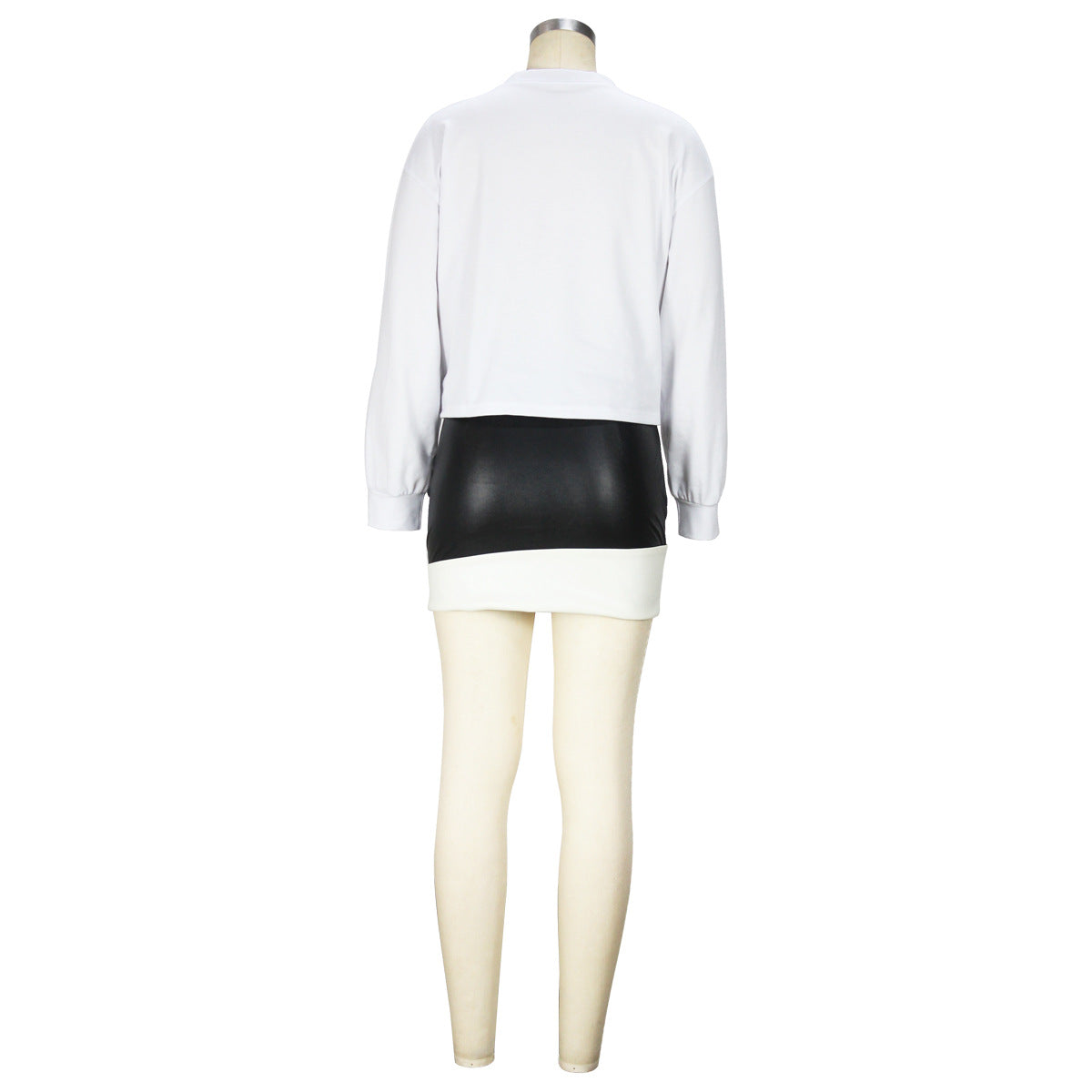 Women's Fashion Spring Autumn Patchwork Leather Skirt Two Piece Set 9