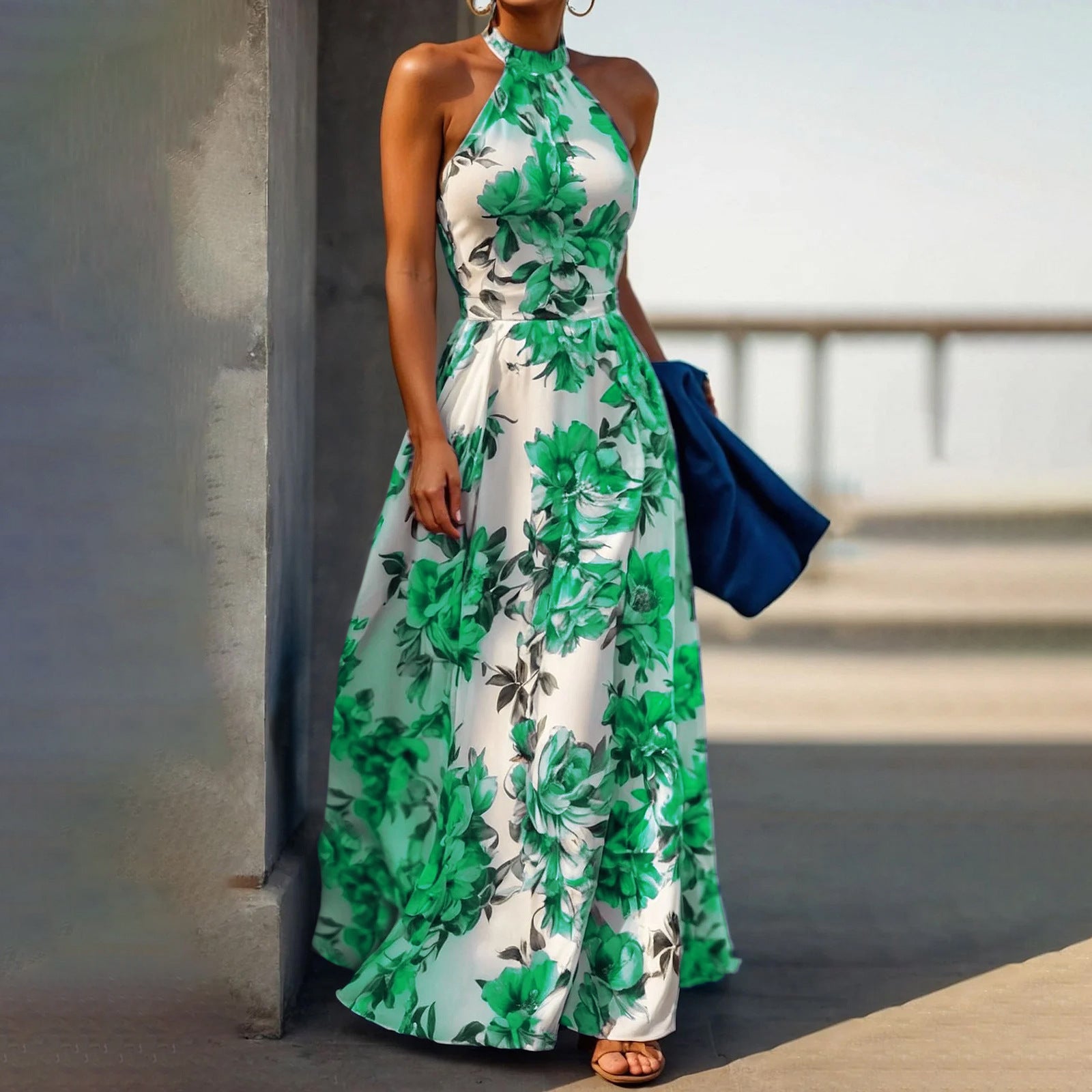 Women Holiday Halter Neck Printed Sleeveless Beach Dress 6