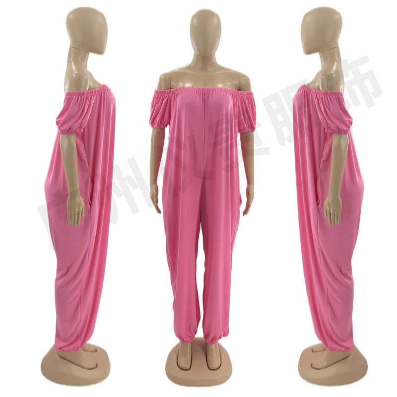 Women's Solid Color Loose Long Length Short Sleeve Jumpsuit Women's Bodysuit 10