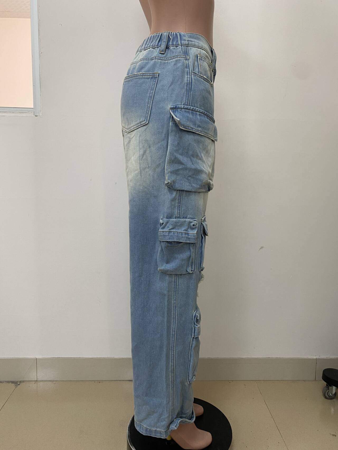 Women's Fashion Street Trendy Cut Straight-Leg Loose Denim Multi-Pocket Trousers 9