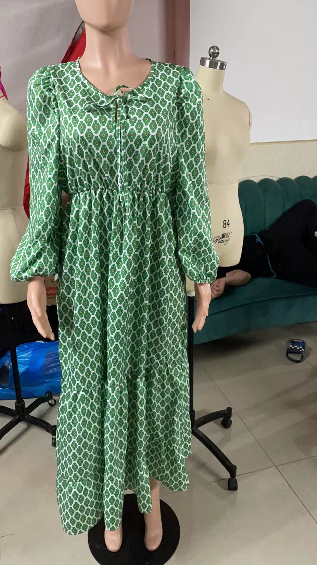 Women Summer Geometric Patch Puff Sleeve Dress 53