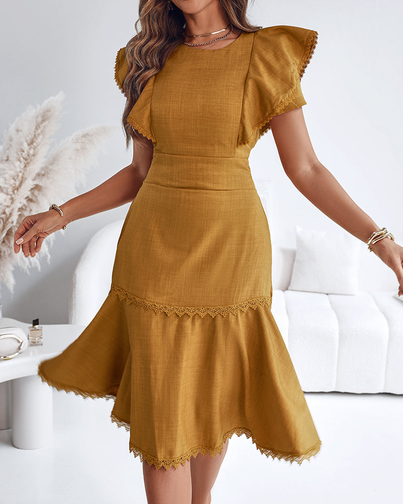 Solid Color Lace Trim Patchwork Bell Sleeve Slim Waist Ruffle Dress 8