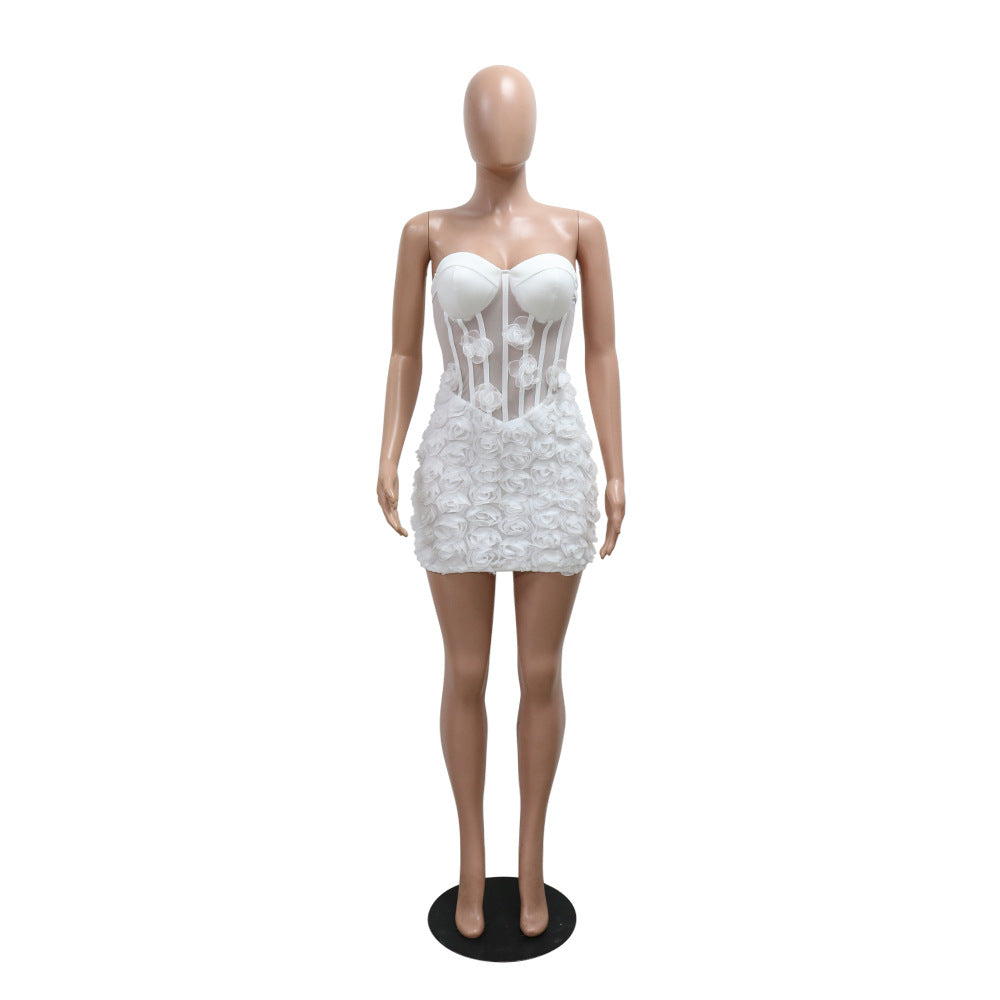 Fashion Women's  Strapless Flower See-Through Sexy Party Bodycon Dress 11