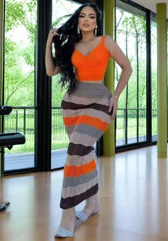Autumn Sexy Hollow Out Patchwork Knitting Beach Holidays Style Long Skirt Set