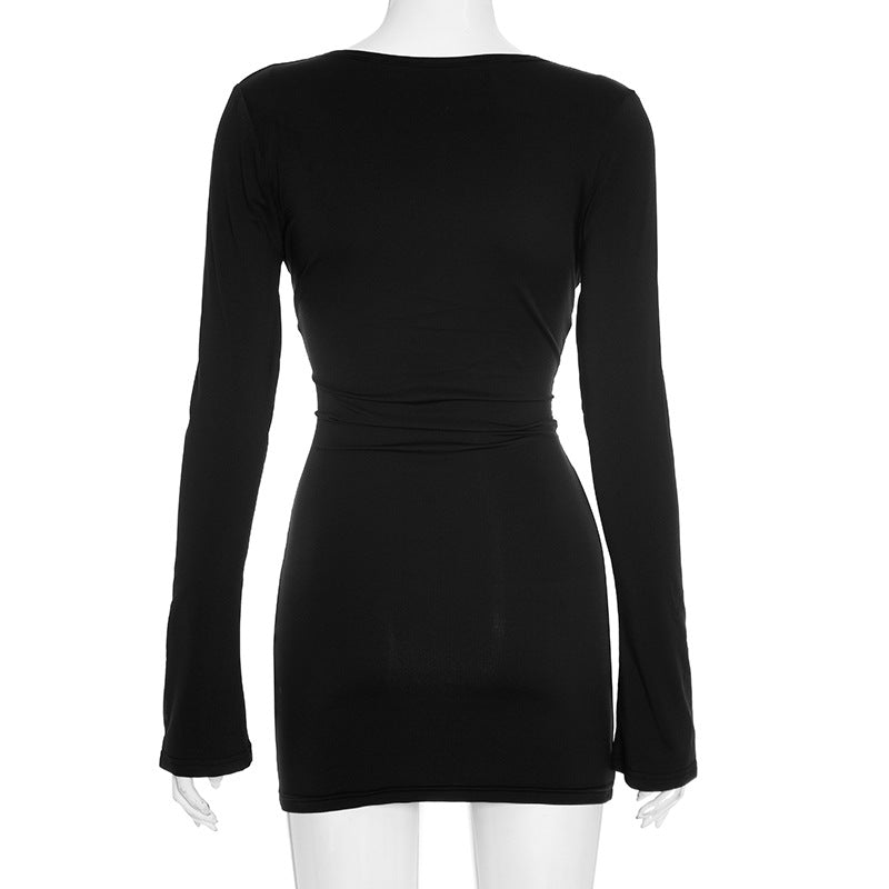 Women Sexy V-Neck Cutout Long-Sleeve Gathered Bodycon Dress 9