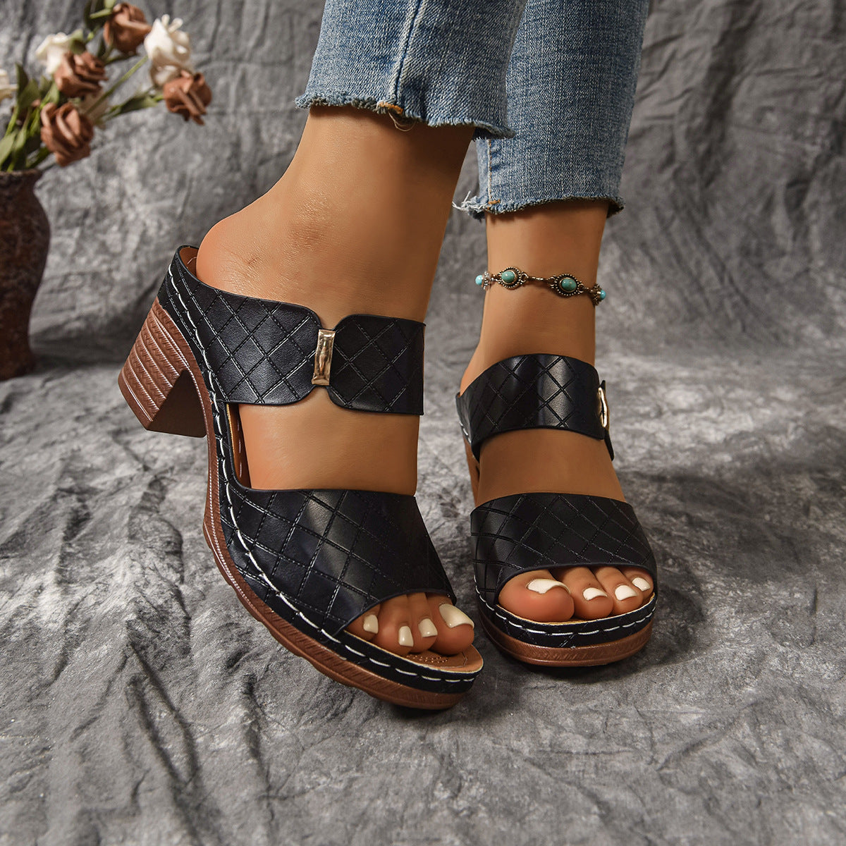 Plus-Size Women Open-Toed Stiletto Slippers with Block Heels and Embossed Patterned Fashion Sandals 5