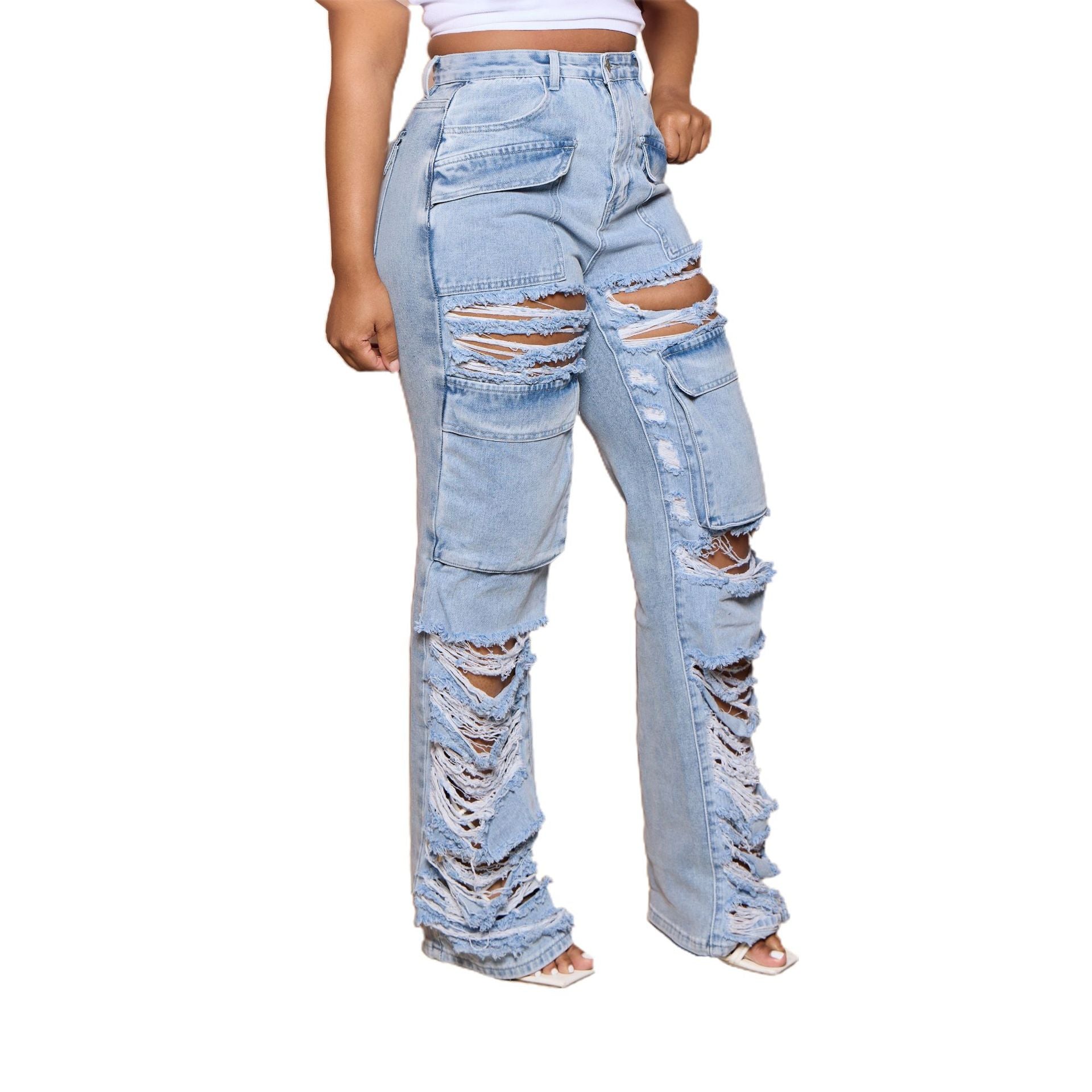 Women's Summer Loose High Waist Wide Leg Ripped Denim Pants Casual Jeans 5