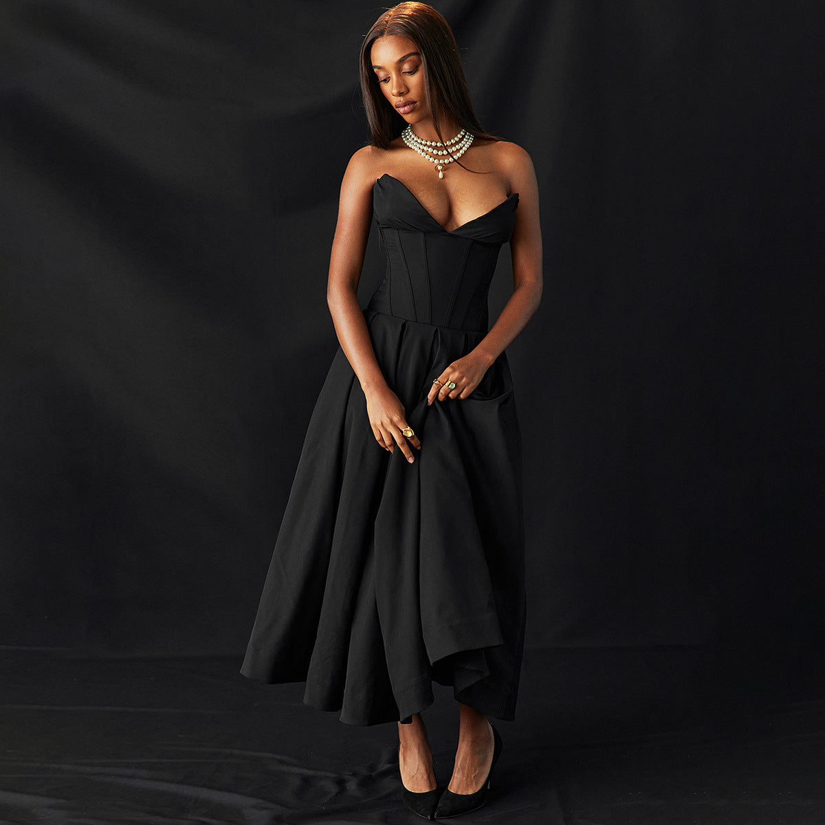Women Spring Sexy Strapless Herringbone Dress