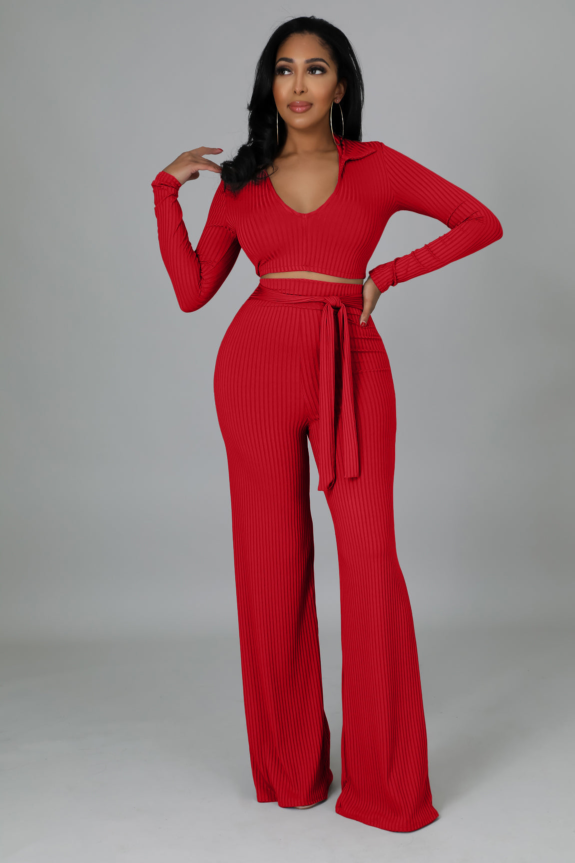 Women Solid V neck Top and Bell Bottom Pant two-piece set 4