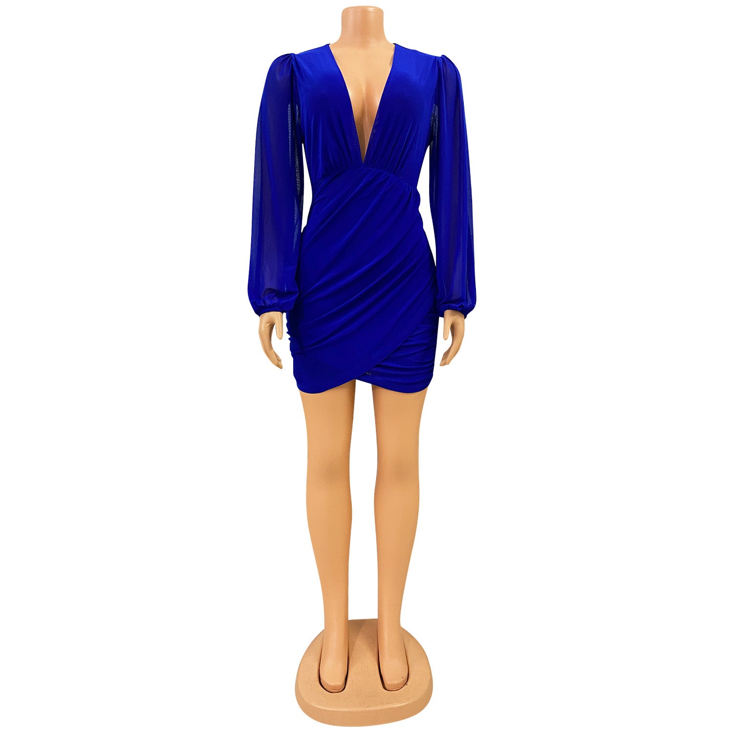 Women sexy v-neck mesh long-sleeved pleated dress 16